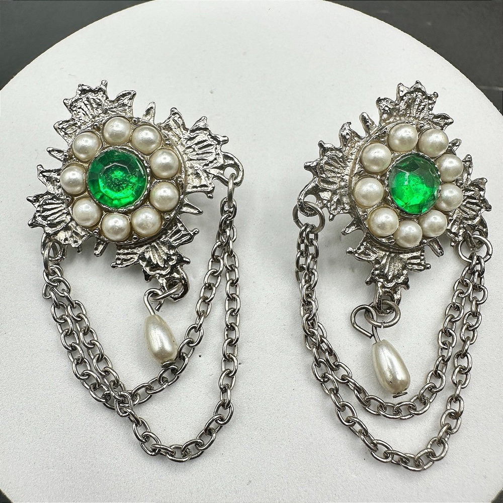 Vintage Pearl & Emerald-Colored Chain Drop Earrings Baroque Regal Statement